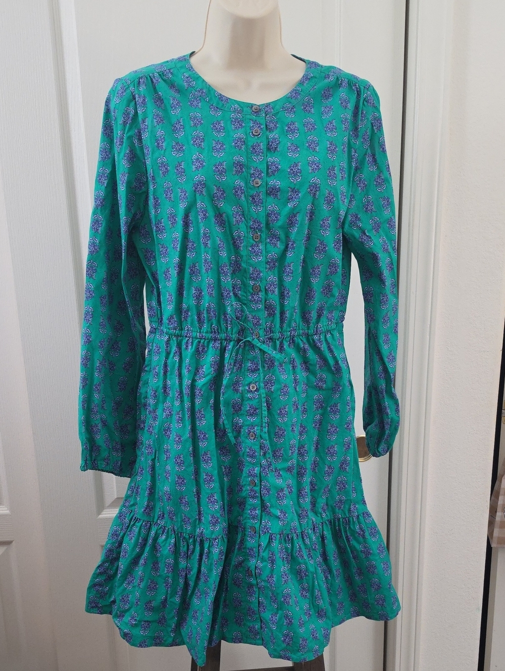 J.Crew Factory | Teal Green Floral Cotton Button-Front Long Sleeve Mini Dress-8